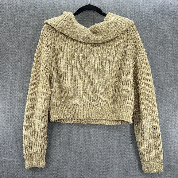 Forever 21‎ Gold Silver Cropped Oversized Cowl Neck Tinsel Knit Sweater Size M - Picture 8 of 8